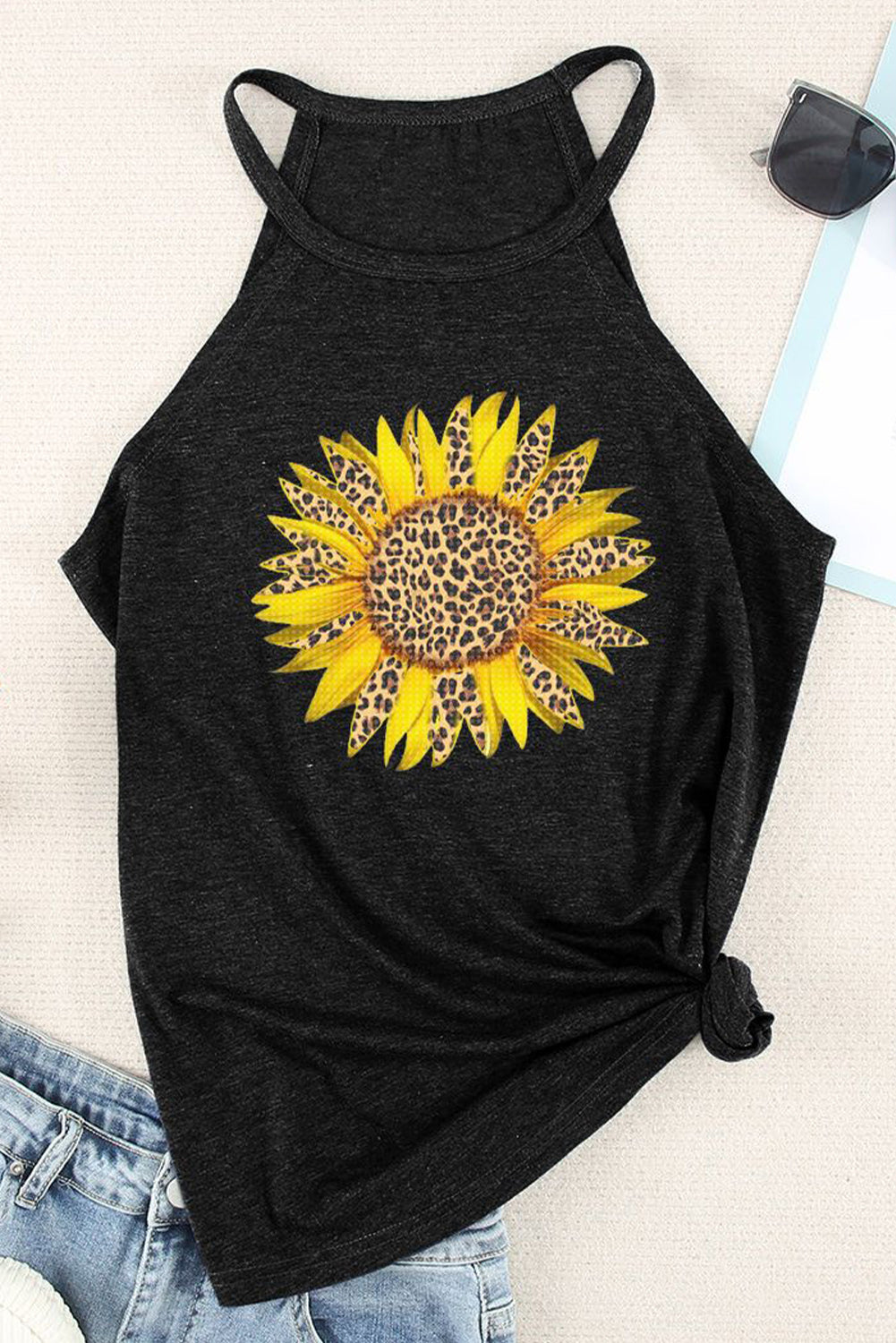 Black Sunflower Leopard Printed Short Sleeve Graphic Tee