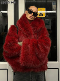 Women Fashion Turn-down Collar Winter Warm Jacket 2025 Christmas Red Hooded Fluffy Faux Fur Coats Casual High Street Outerwear