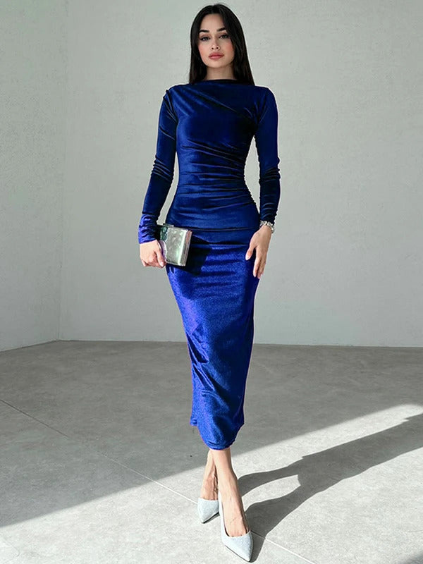 Dulzura Velvet Solid Midi Dress Long Sleeves 2023 Autumn Winter Women'S Outfits Sexy Wholesale Drop Shipping Clubwear Birthday