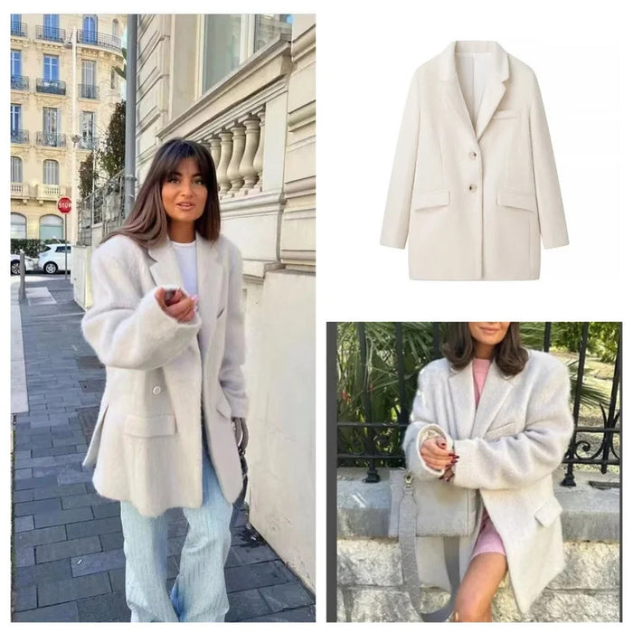 European and American style autumn and winter new fashionable lapel single-row woolen mid-length suit jacket for women