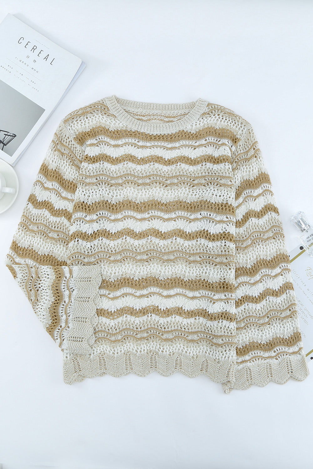 Wavy Stripe Scalloped Edge Pointelle Knit Sweater