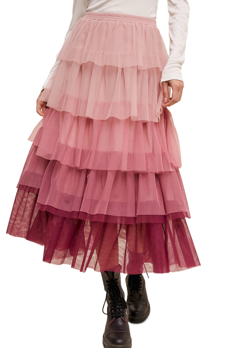 Pink Gradient Ruffle Tiered Mesh Maxi Skirt