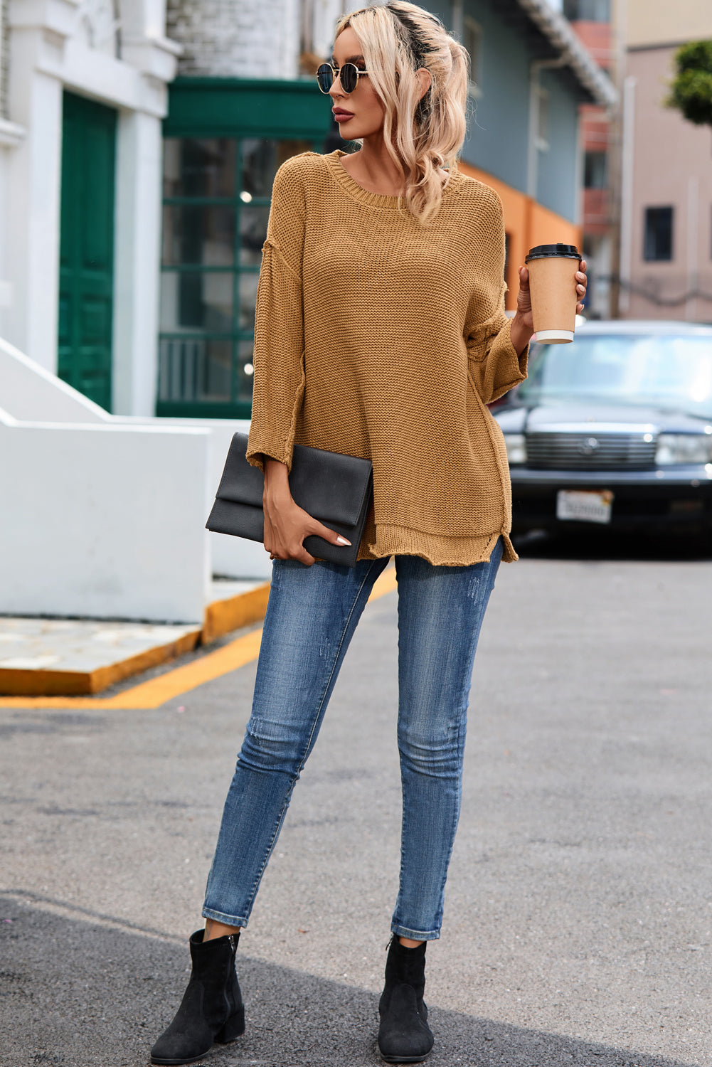 Brown Slouchy Textured Knit Loose Sweater