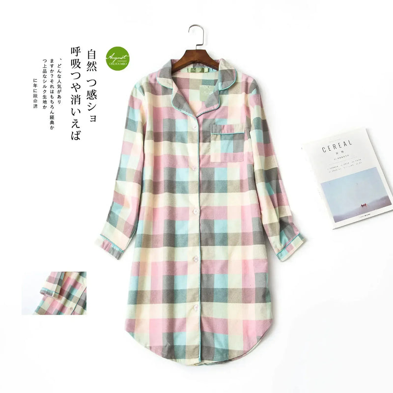 Flannel Cotton Home Nightdress Cardigan Shirt Night Dress Cute Cartoon Plaid Design Sleepwear Fashion Sleeping Shirt Woman