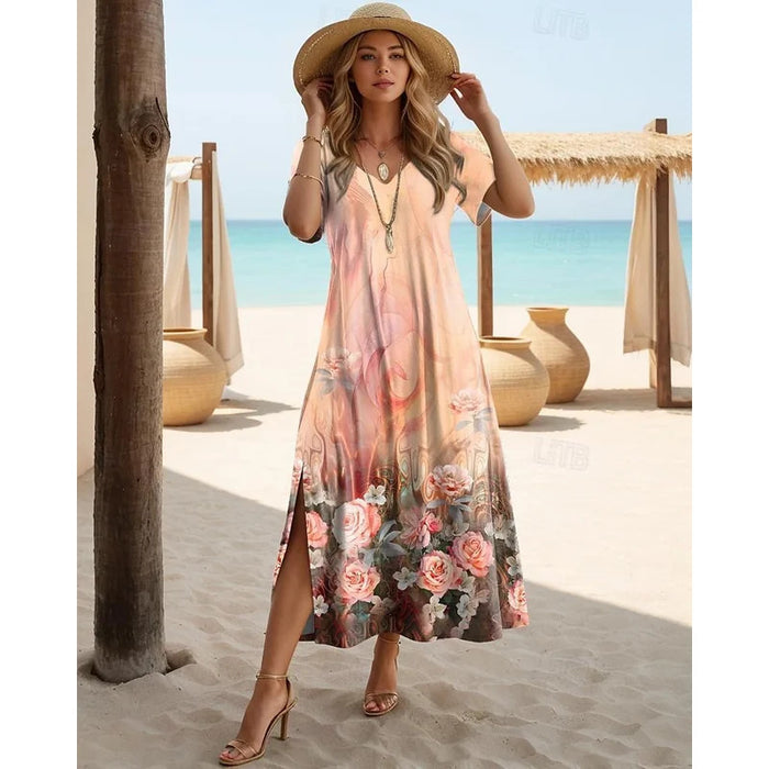 Elegant Dresses For Women Holiday V-Neck Long Dress 3d Vintage Flowers Print Short Sleeve Slit Skirt Summer New Beach Dresses