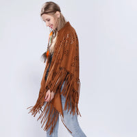 Women's Loose Suede Fringe Open Poncho Cloak Shawl Wrap with Punch Hole Patterns and Graceful Fringes Dropshipping