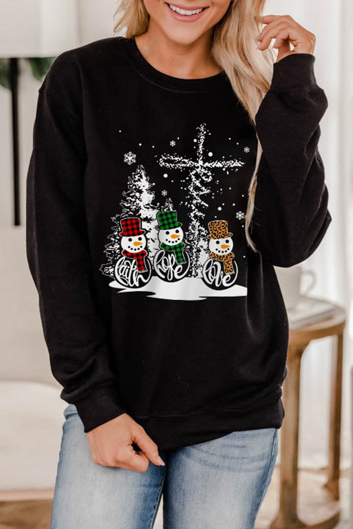 Black Christmas Snowman Graphic Print Pullover Sweatshirt