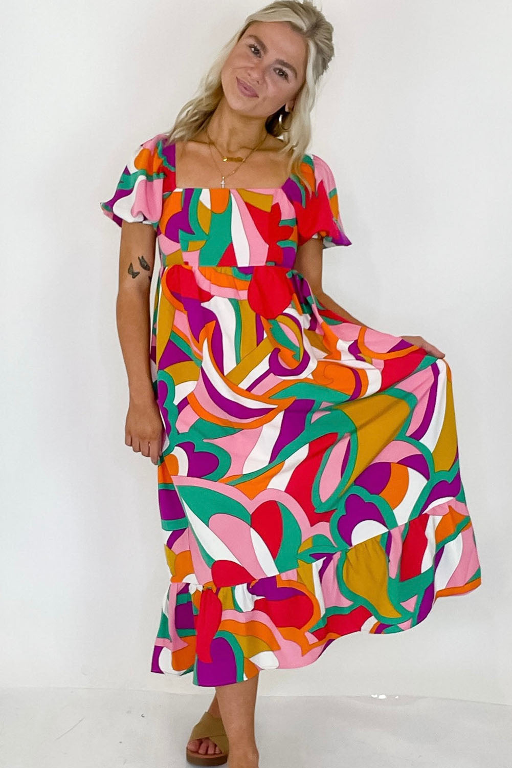 Abstract Print Square Neck Flowy Midi Dress