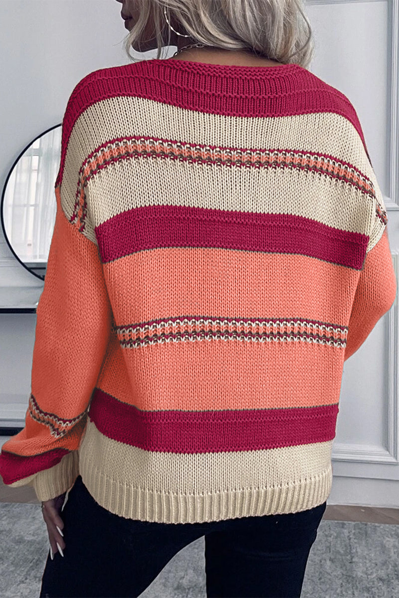 Coffee Striped Pattern Knit V Neck Sweater