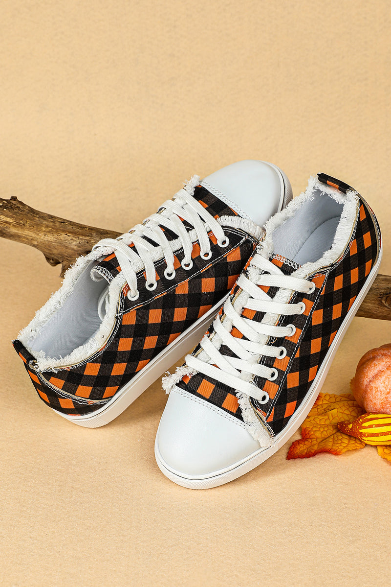 Orange Plaid Frayed Trim Lace-up Shoes