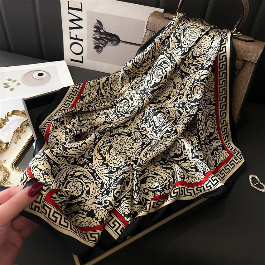 Luxury Spring Autumn New Imitated Silk Scarf Women 70cm Printed Square Scarf Soft Satin Headband Shawl Wrap Hijab Foulard Ribbon