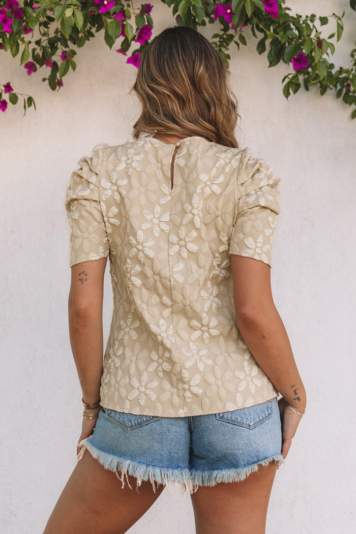 Apricot Floral Lace Ruched Bubble Sleeve Top