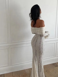 White Off Shoulder See-through Lace Up Maxi Dress Women Flared Long Sleeves Chest Wrapped Dresses Summer Elegant Seaside Gowns