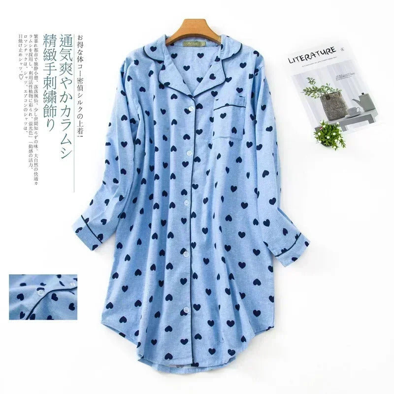 Flannel Cotton Home Nightdress Cardigan Shirt Night Dress Cute Cartoon Plaid Design Sleepwear Fashion Sleeping Shirt Woman