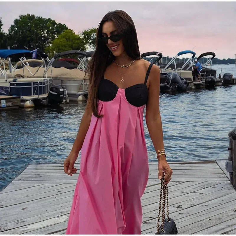 Fashion High Waist Patchwork Loose Sling Robes Women Backless Sleeveless Maxi Dress Fashion Casual Vacation Party Long Dresses