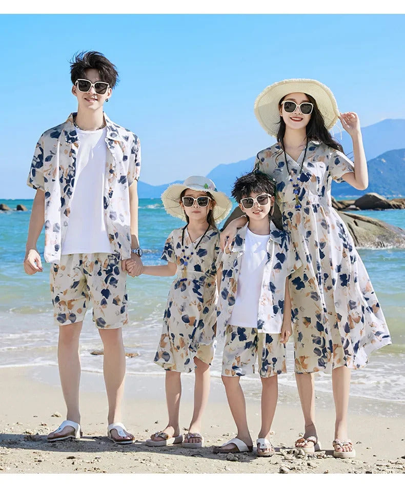 2024 Summer Holiday Family Vacation Look Clothes Dad and Son Shirts Two Piece Outfits Sets Mom and Daughter Short Sleeve Dress