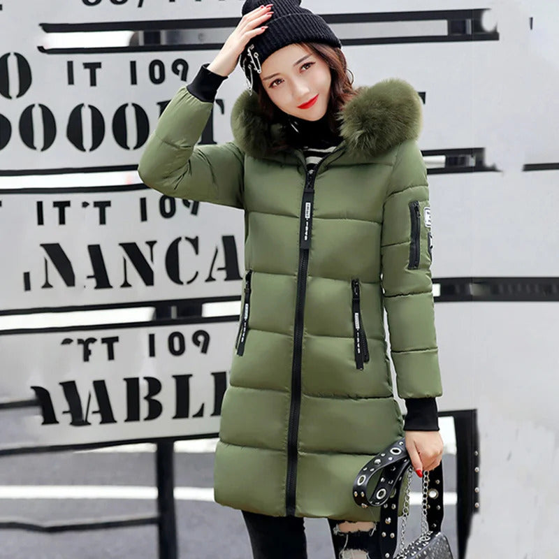 Winter Warm Fur Collar Hooded Women Parka Fashion Comfortable Zipper Pockets Design Long Jacket Elegant Slim Thick Female Coats