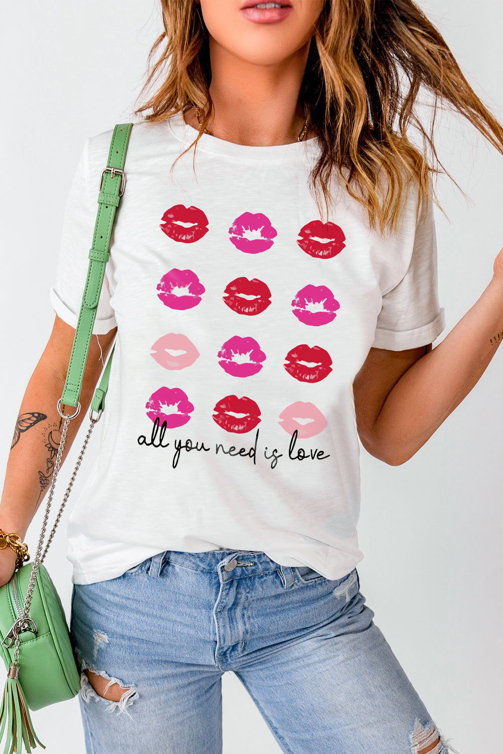 White all you need is love Valentines Kisses Graphic Tee