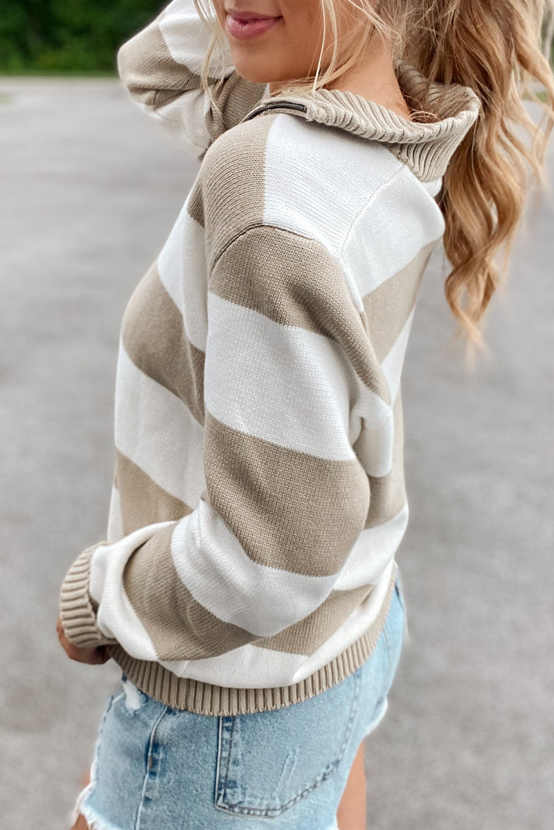 Stripe Zipped Collar Ribbed Edge Sweater