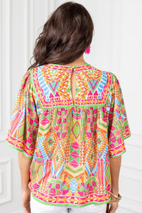 Orange Geometric Print Bell Sleeve O Neck Babydoll Blouse