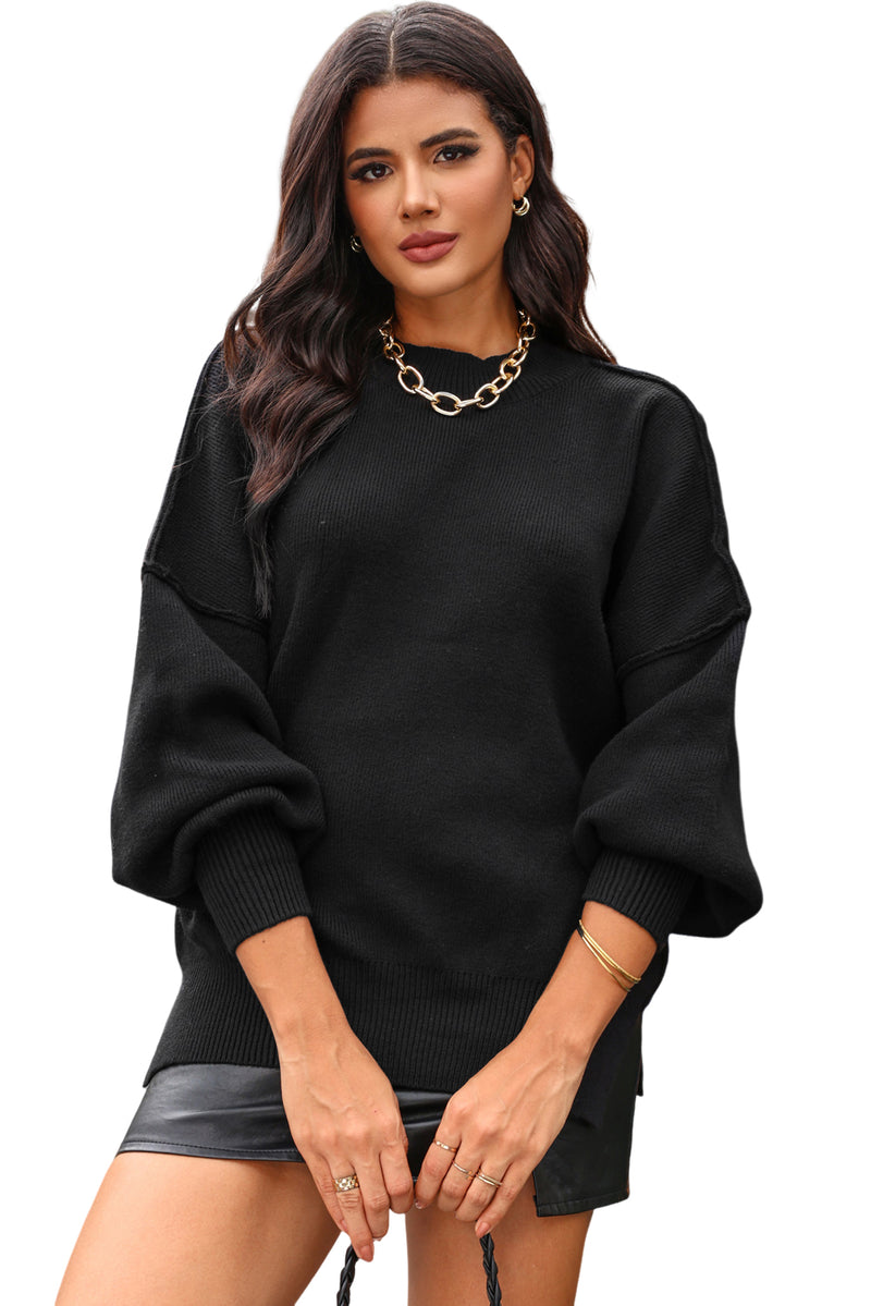 Gray Oversized Drop Shoulder Bubble Sleeve Pullover Sweater