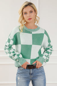 Medium Grey Checkered Print Drop Shoulder Sweater