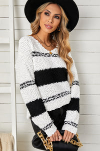 Striped Colorblock V Neck Long Sleeve Knitted Sweater