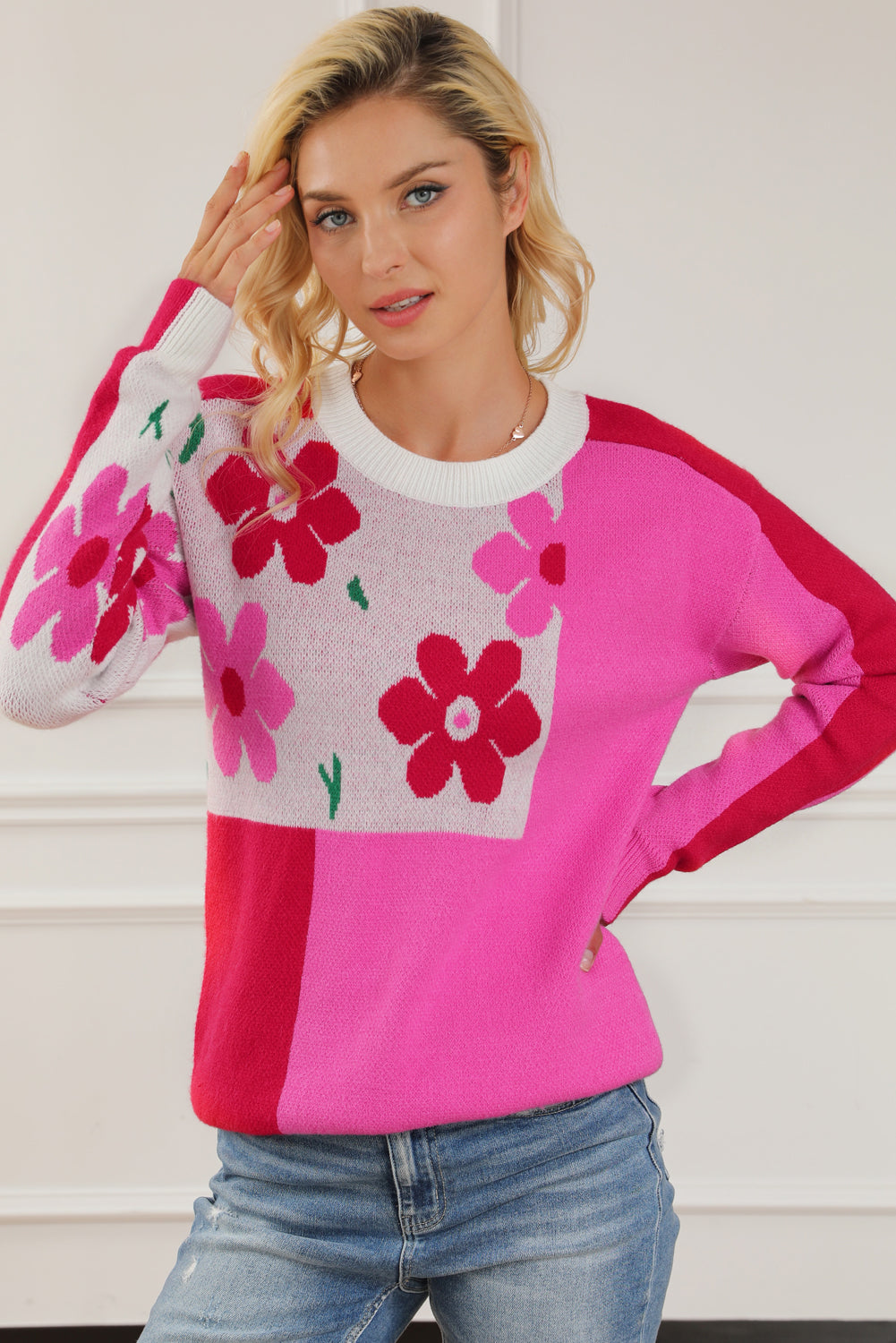 Rose Red Floral Mixed Color Block Sweater