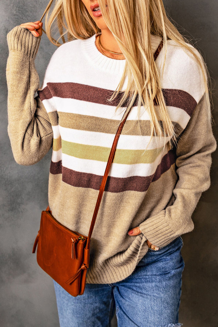 Khaki Crew Neck Striped Long Sleeve Sweater