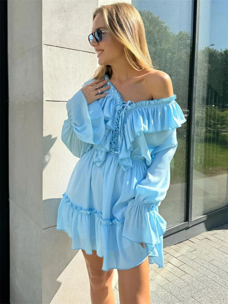 Tossy Ruffled V-Neck White Mini Dress Female Patchwork Long Sleeve Elegant Bandage Fashion Dress High Waist Lace-Up Women Dress