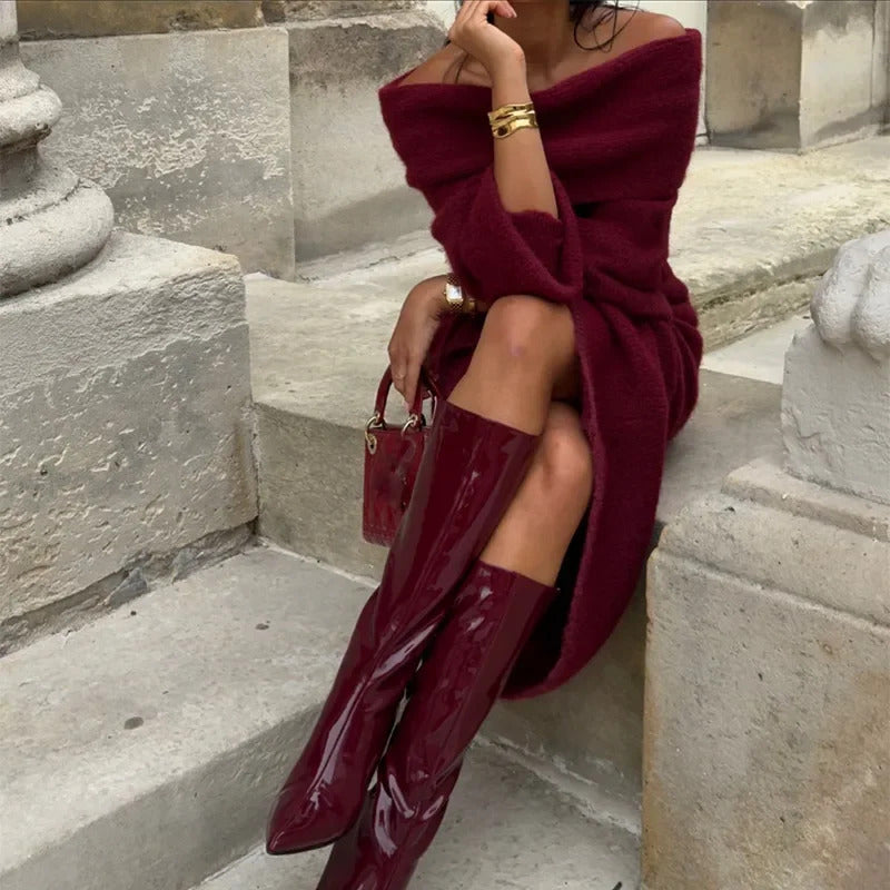 Women Burgundy Knitted Long Sweater Fashion Off-the-shoulder Pullover Long Dress Fall Winter Female Party Commuter Outfit