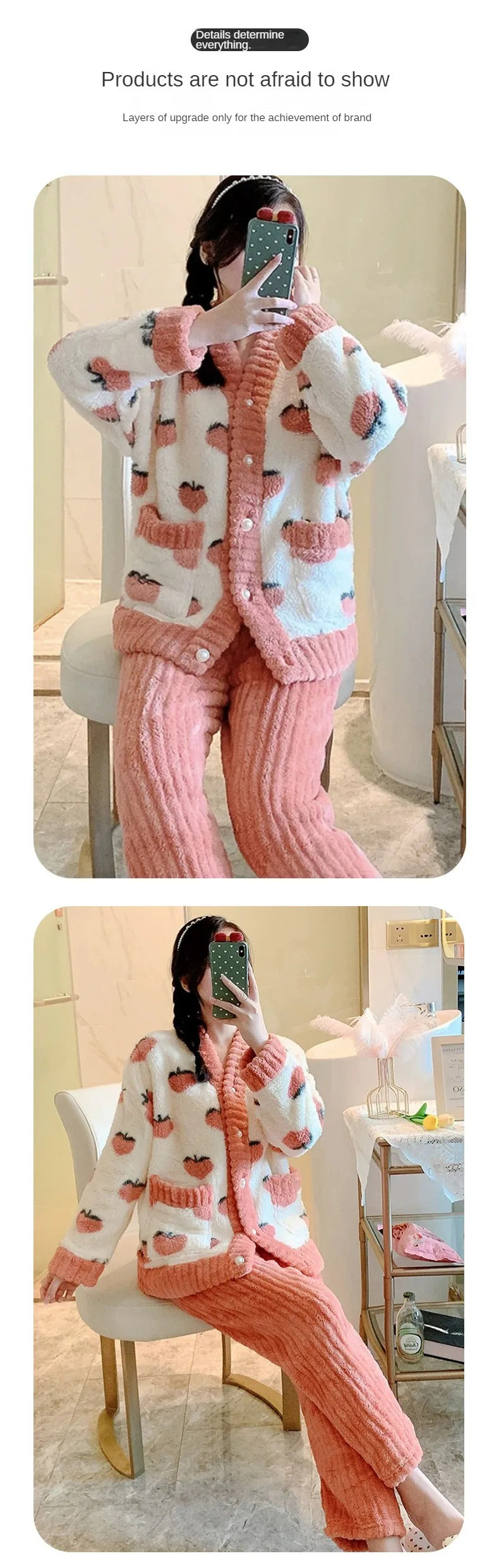 Padded and Thickened Warm Flannel Women Pajamas Loungewear Winter Peach Sleepwear Homewear Coral Velvet Two-Piece Set Nightwear