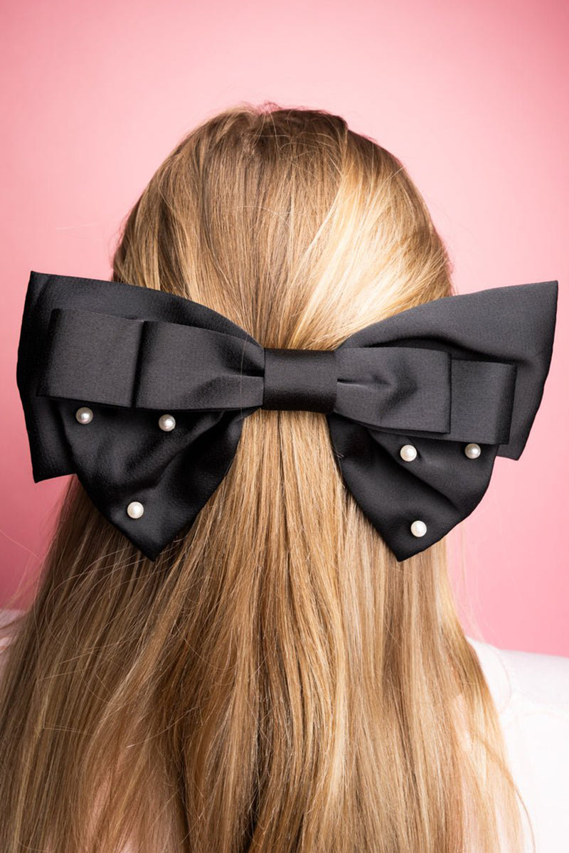 Black Pearl Embellished Tiered Satin Bowknot Hair Clip