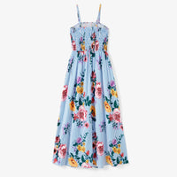 PatPat Family Matching Sets Denim Blue Short-Sleeve Shirt and Floral Print Shirred Top Strap Dress