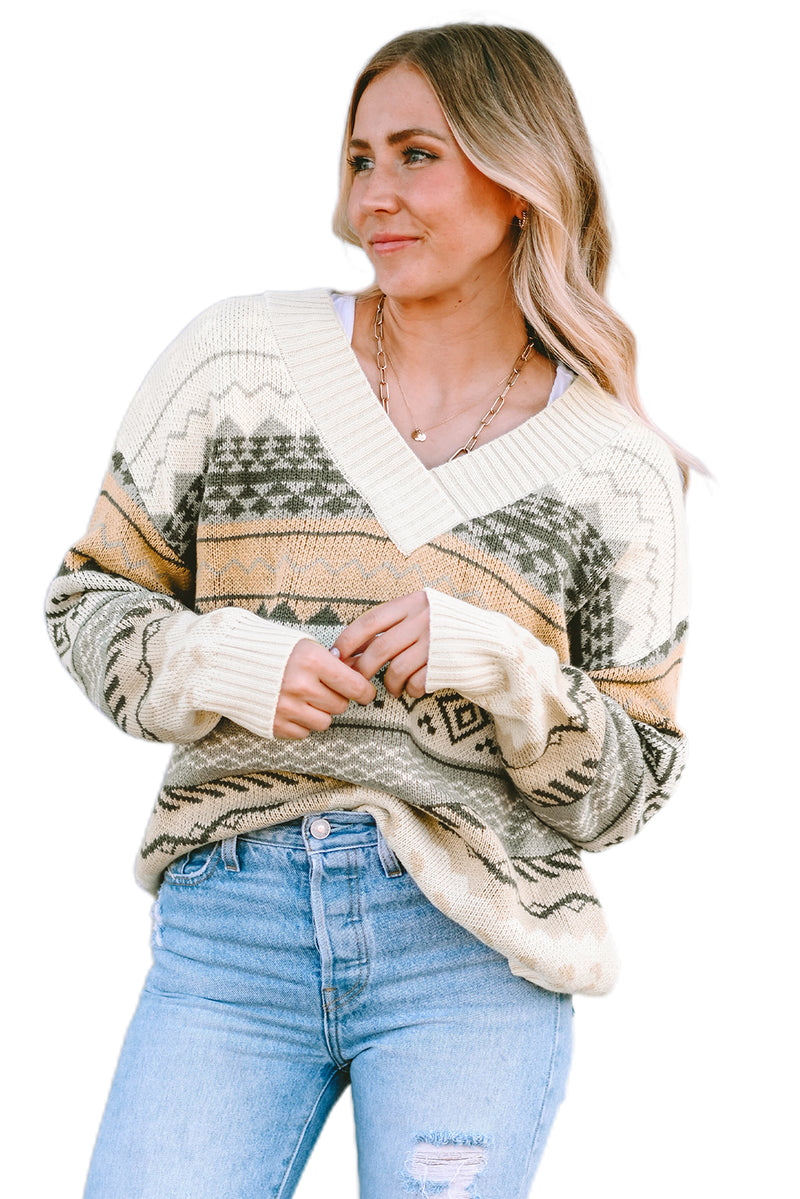 Khaki Geometric Print Ribbed Knitted V Neck Sweater