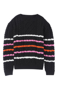 Black Striped Color Block Textured Knit Pullover Sweater