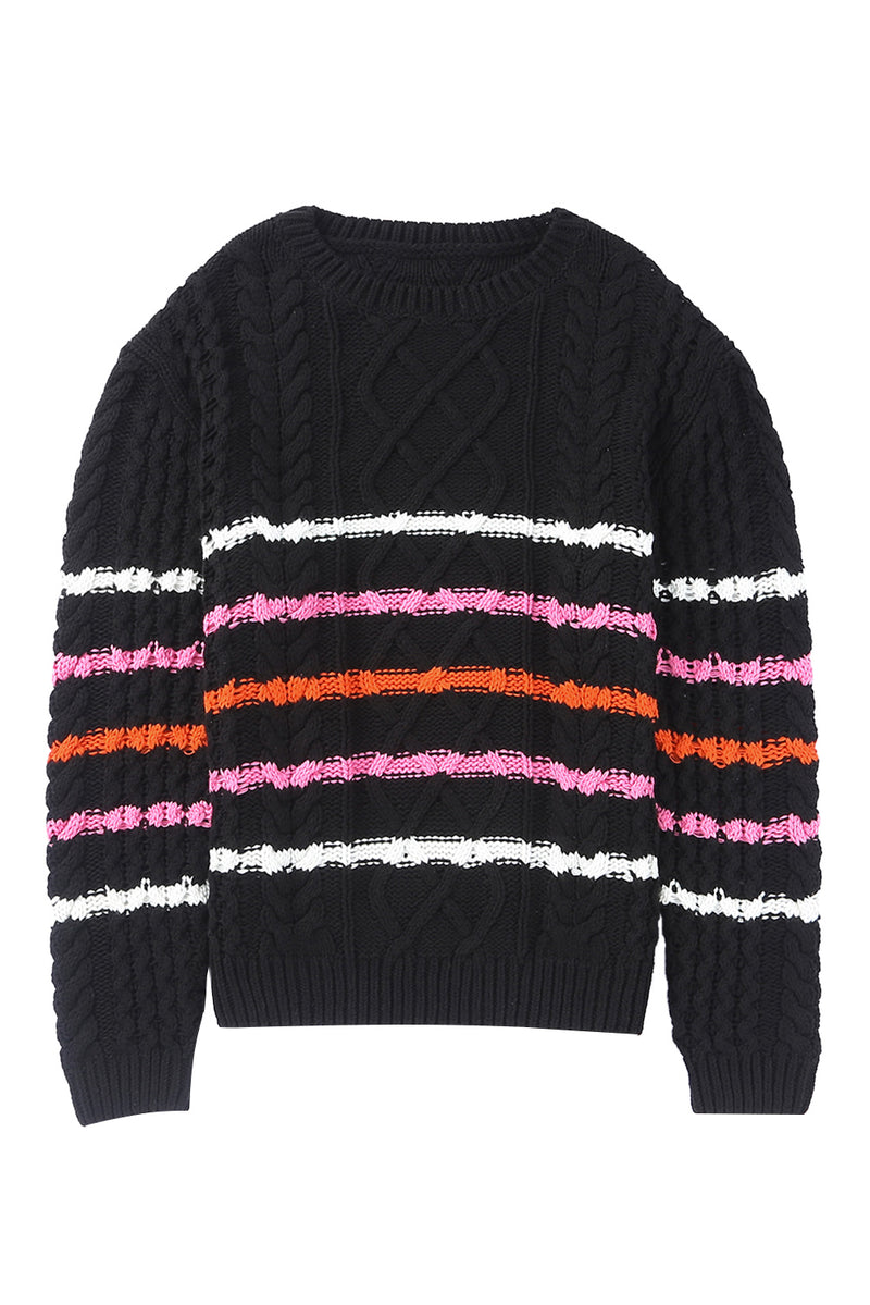 Black Striped Color Block Textured Knit Pullover Sweater