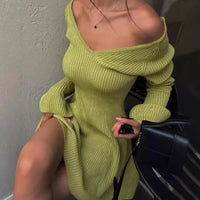 Talenza Knitted Off Shoulder V Neck Mini Dress Women's Sexy High Waist Long Sleeve Dress White Knitted Sweater Dress Robe Women