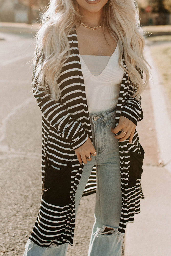 Black White Striped Pocketed Long Cardigan