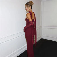 Mozision Strapless Backless Sexy Maxi Dress For Women Burgundy Mesh Sleeve Off-shoulder Bodycon Club Party Evening Long Dress