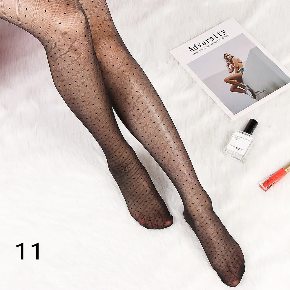 Sexy Women Tights Classic Small Polka Dot Silk Stockings Thin Vintage Faux Tattoo Thigh Sheer Pantyhose Female Elastic Hosiery