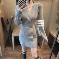 Women's Crochet Dresses Extreme Mini Female Knit Dress Button Short V Neck Black Clothes Sensual Sexy A Line Outfits New in Kpop