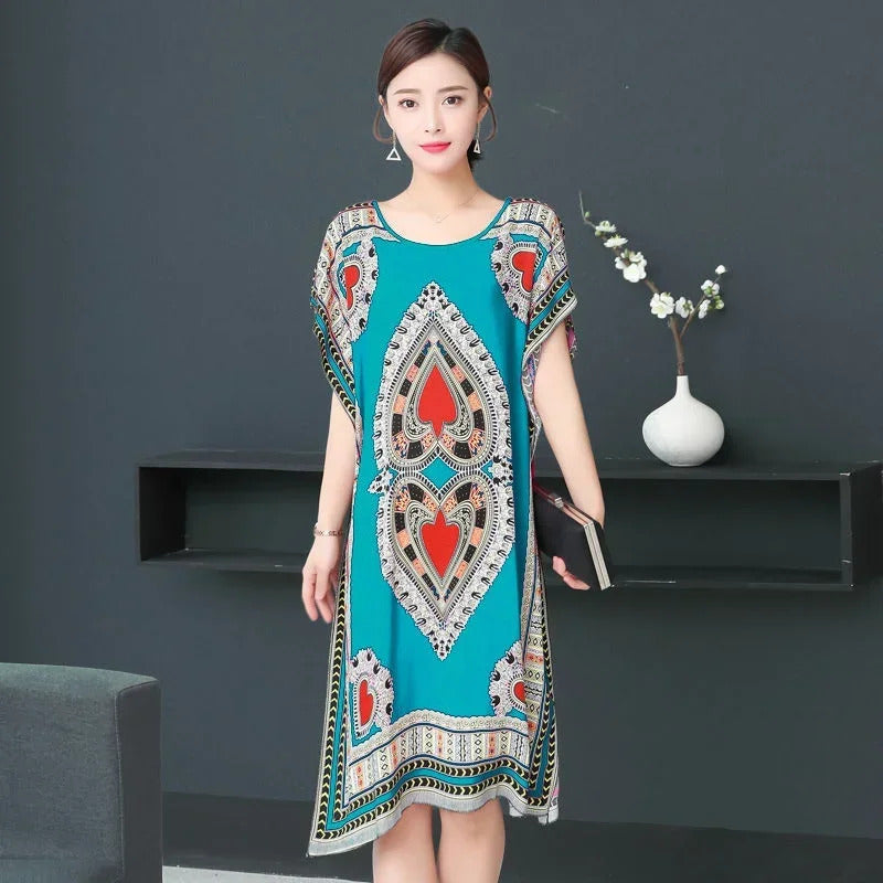 Bohemian National Style Leisure Holiday Beach Printed Poker Indonesia Floral O-neck Loose Midi Dress Pajamas Loungewear Woman