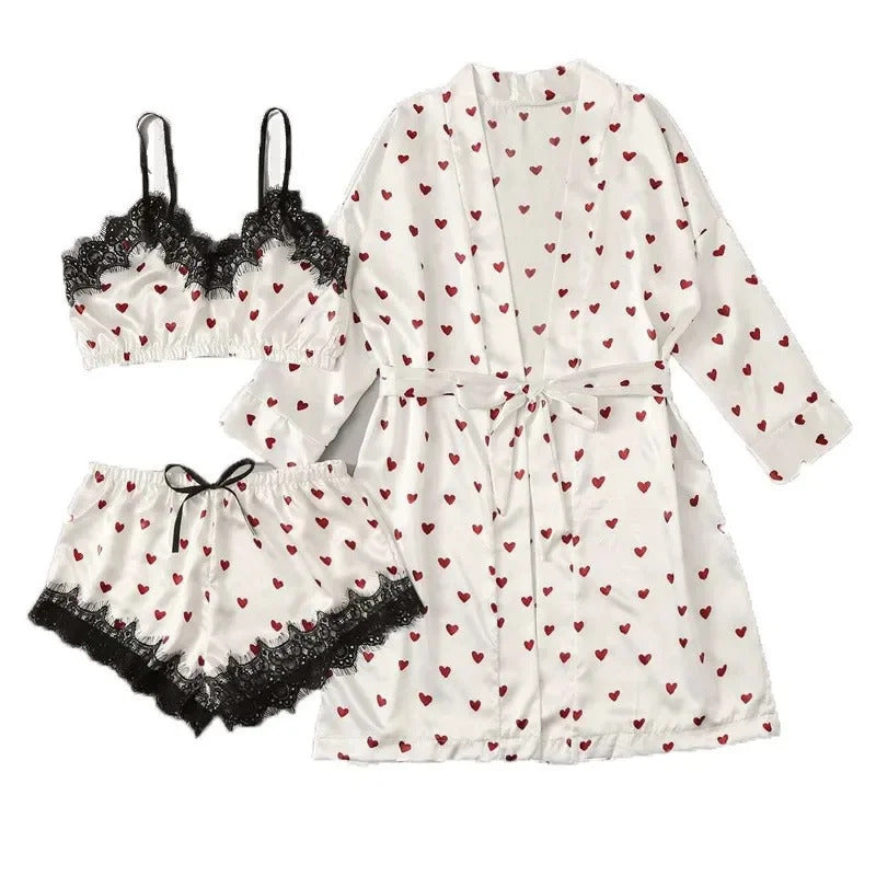 3Pcs/2Pcs Women Satin Ice Silk Pajama Set Heart Print Lace Sleeping Skirt Seamless Lingerie Homewear Pajama Shorts Set Sleepwear