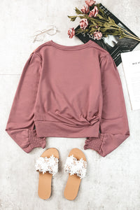 Pink Banded Hem Smocking Cuffs Long Sleeve Crop Top