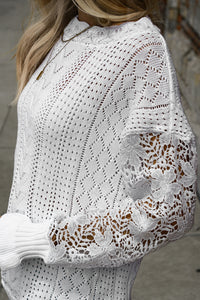 White Crochet Lace Pointelle Knit Sweater