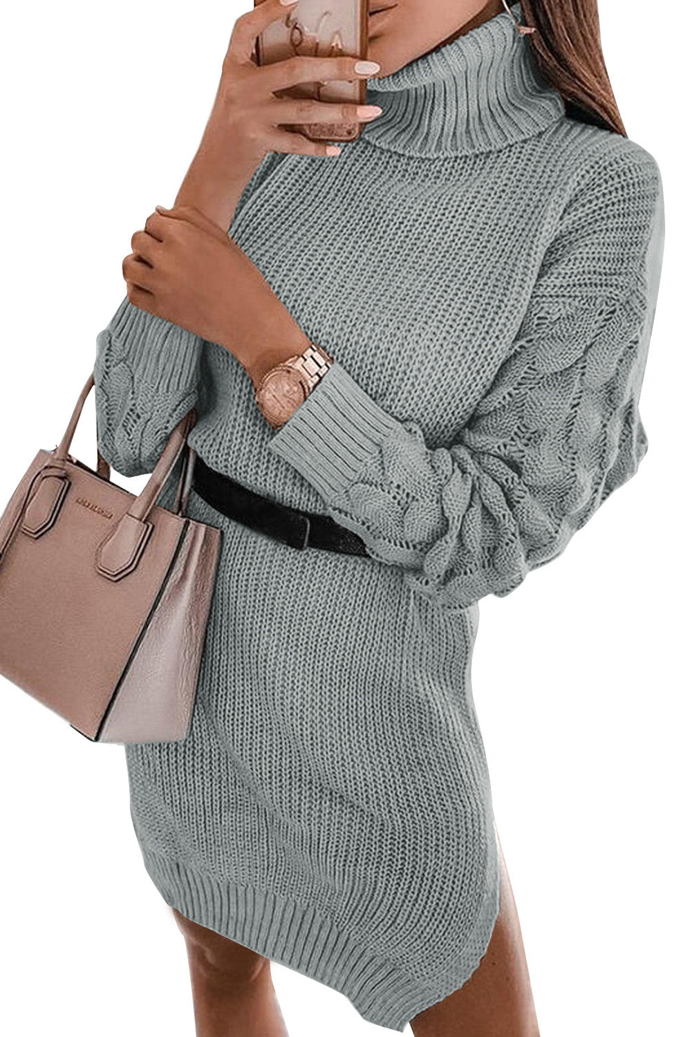 Gray Plain Turtleneck Sweater Dress with Slits