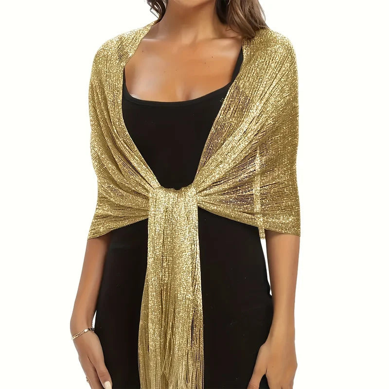 Fashion Bright Silk Sunscreen Shawl Hijab Gold Silver Shiny Scarves For Women Lace Tassel Party Evening Dress Scarf