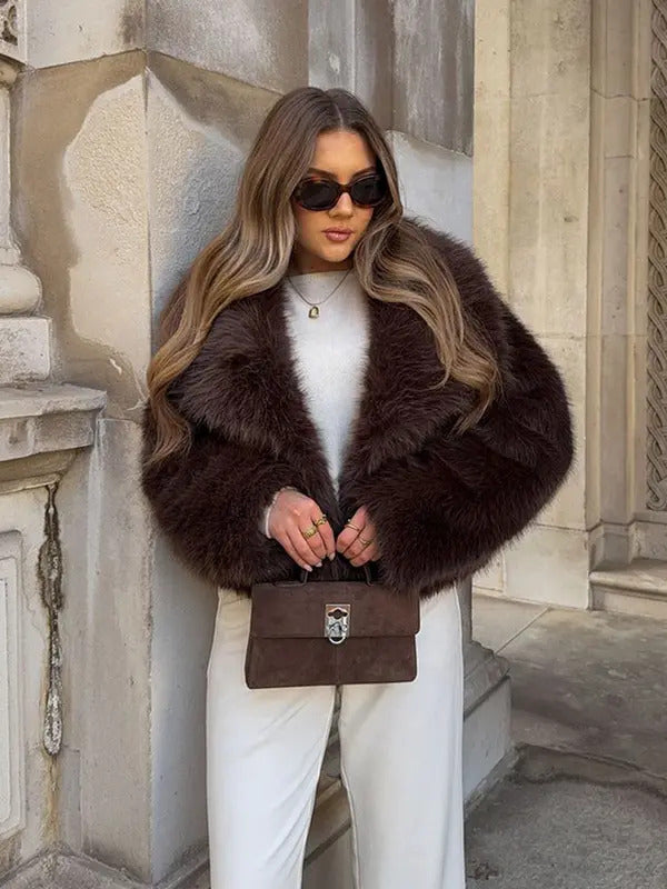 Luxury Lapel Faux Fur Short Coat For Women Casual Fluffy Full Sleeve Warm Female Jacket Autumn Winter Lady Cummuter Outerwear ﻿