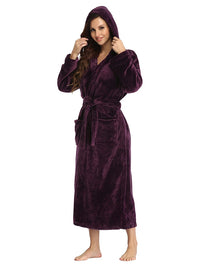 RONGTAI Womens Solid color Hooded Bathrobe Ladies Fleece Plush Warm Long Robes Fleece Nightgown Sleepwear